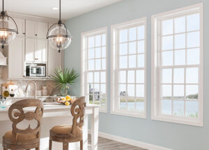 Double-hung windows in a blue home dining room