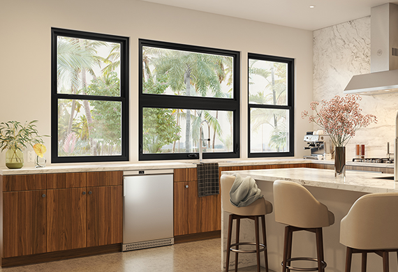 Inside of Kitchen with Black Trimmed Vinyl Replacement Windows in Smyrna, GA