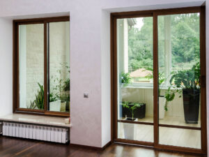 Sliding patio doors with wooden frames