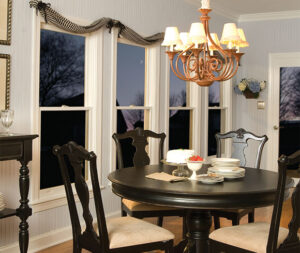 Wood-clad windows in home dining room