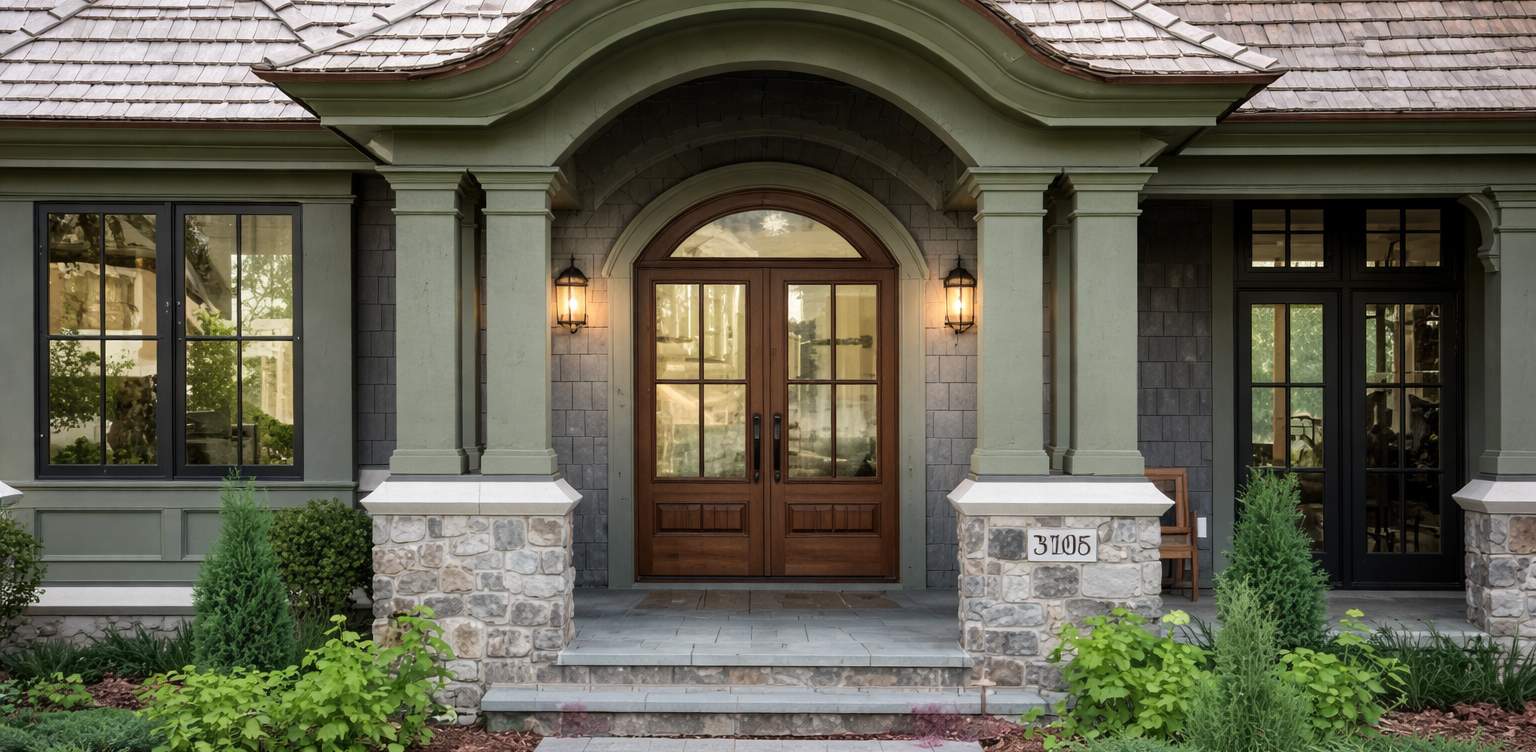 Front entry door system with sidelites and decorative glass installed by Peachstate Windows