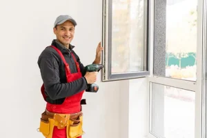 A window contractor installing a window in Kennesaw, GA