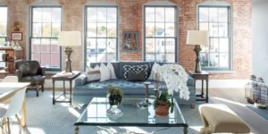 Bright living room with large Andersen replacement windows for a Georgia home